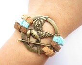 Mockingjay inspired unique Bracelet---antique bronze The hunger game style pendant & colorful rope chain