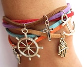 Multilayer colorful world bracelet with anchor ruddr owl hand cross pendant &colorful rope chain