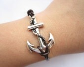 Anchor Bracelet---antique silver big anchor bracelet &brown leather chain