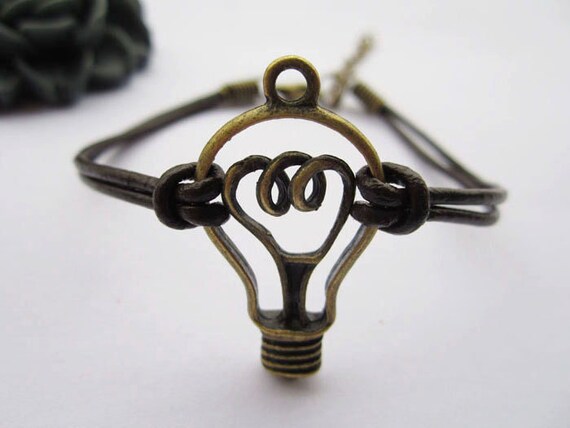 bracelet---antique bronze unique electric bulb pendant & brown leather chain