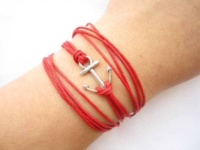 three circles Bracelet---antique silver little anchor&red wax rope chain