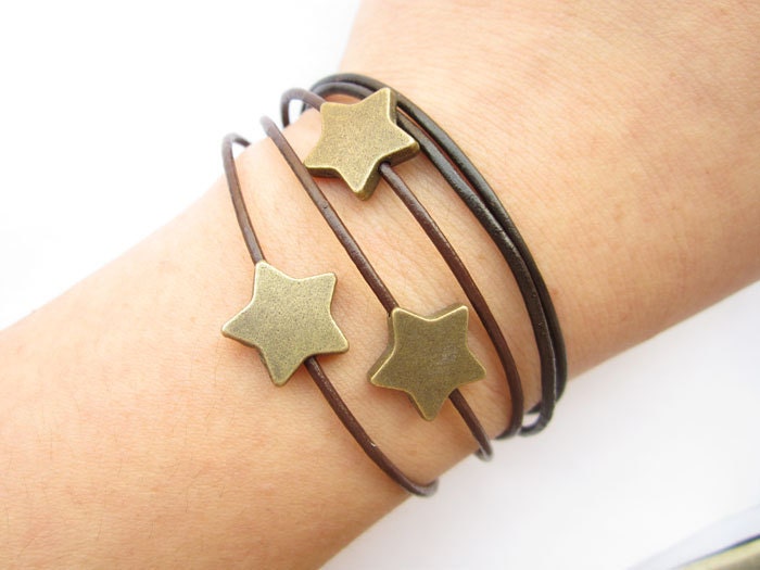 Multilayer leather bracelet---antique bronze personality stars bracelet & brown leather chain