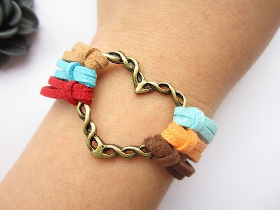 love bracelet---antique bronze love heart pendant  love bracelet& colorful rope chain