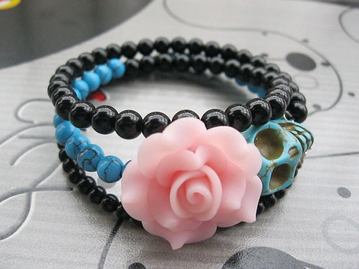 Day of the Dead Bracelet--3D blue rammel skull and blue resin flower bracelet