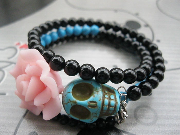 Day of the Dead Bracelet--3D blue rammel skull and blue resin flower bracelet