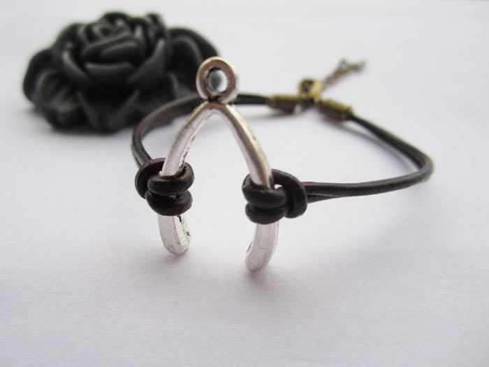 Bracelet---antique silver Wishing bone&brown leather chain