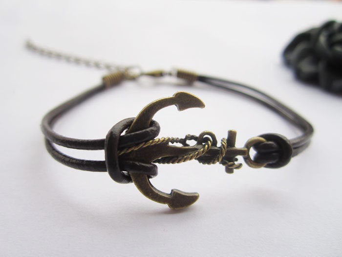 Anchor Bracelet---antique bronze unique little anchor&brown leather chain