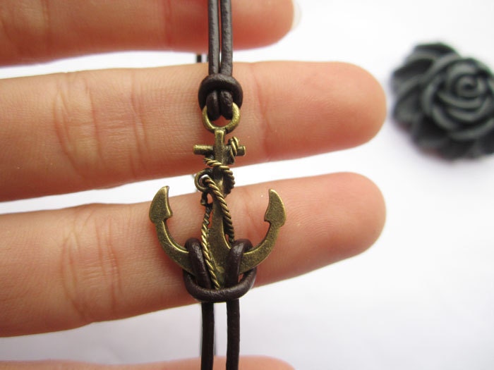 Anchor Bracelet---antique bronze unique little anchor&brown leather chain