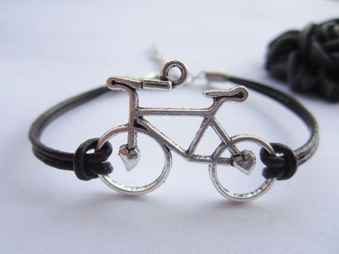 Bracelet---antique silver 3d love bike & brown leather chain