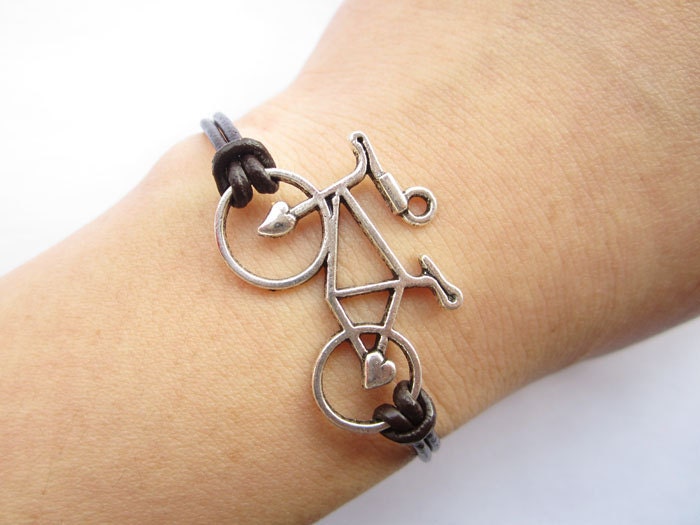 Bracelet---antique silver 3d love bike & brown leather chain