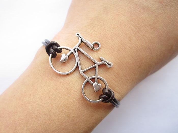 Bracelet---antique silver 3d love bike & brown leather chain