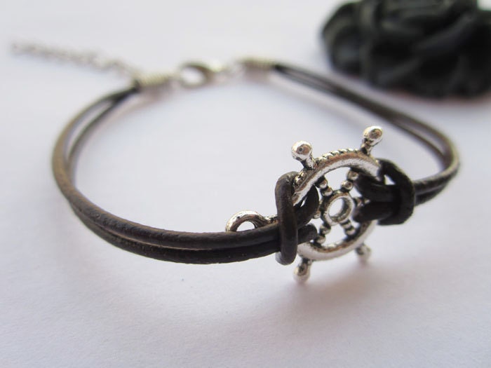 Bracelet---antique silver 3D little rudder&brown leather chain