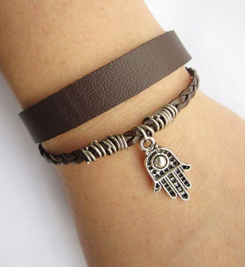 antique silver little HAMSA bracelet---double-deck bracelet&brown leather braid chain