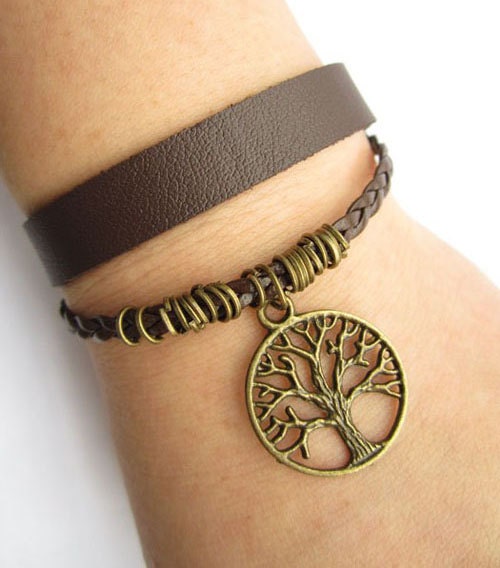 antique bronze tree round Bracelet---double-deck bracelet&brown leather braid chain
