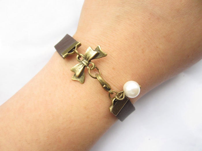 antique bronze butterfly tie Bracelet---butterfly tie and white bead bracelet&brown leather chain