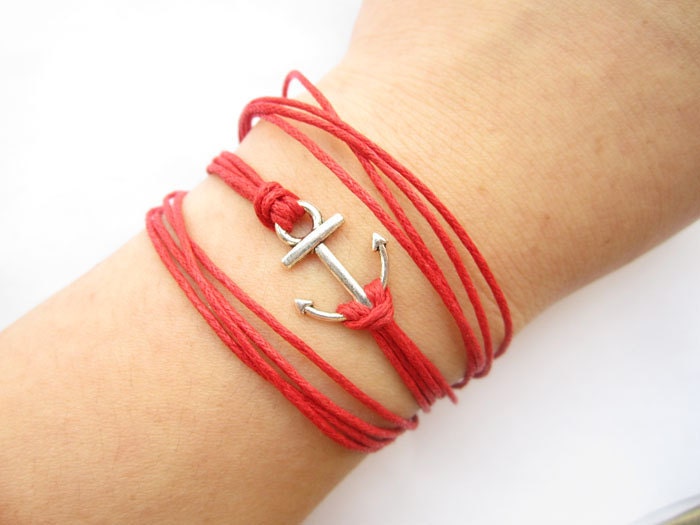 three circles Bracelet---antique silver little anchor&red wax rope chain