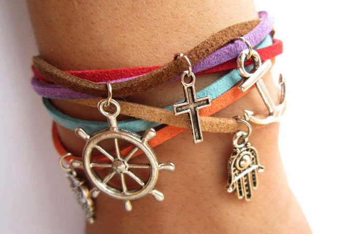 Multilayer colorful world bracelet with anchor ruddr owl hand cross pendant &colorful rope chain