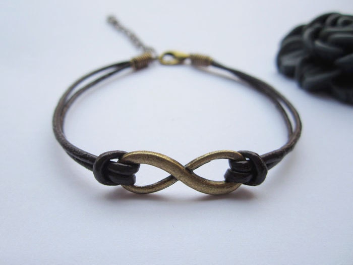 infinity Bracelet---antique bronze little karma bracelet---infinity wish & brown leather chain