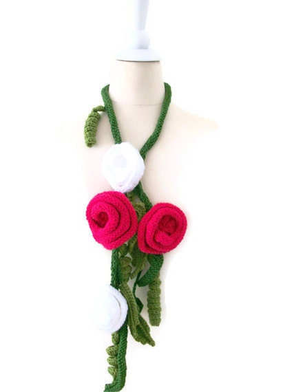 Hand Crocheted knitting  Flowers Scarf Necklace .