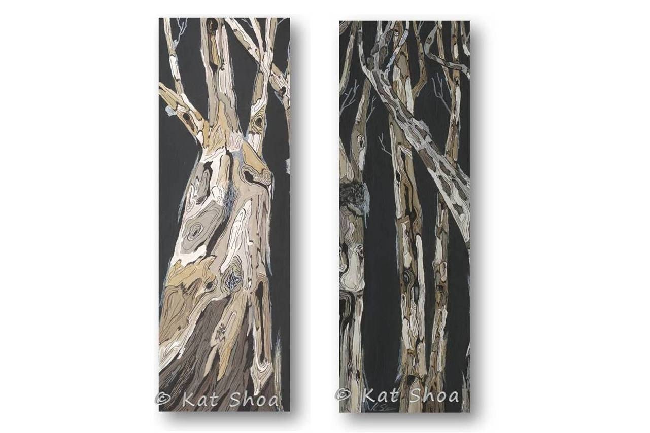Large 24x36 Giclee SET of 2 tree art trunks charcoal dark blue fine art painting print stretched canvas office art gift wall decor