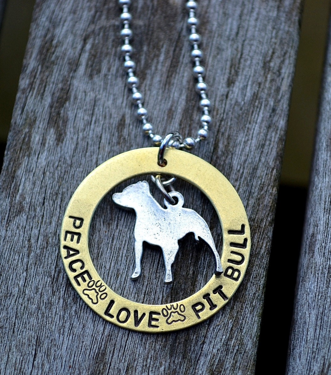 Peace Love Pit Bull Handstamped Necklace