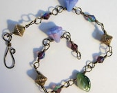 Purple Flower Bracelet Bronze Wire Wrapped Green Leaf