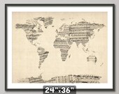 Map of the World Map from Old Sheet Music, Art Print, 24x36 inch (895)