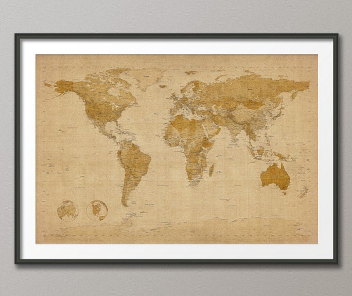 Antique Style Map of the World Map, Art Print, 24x36 inch (228)