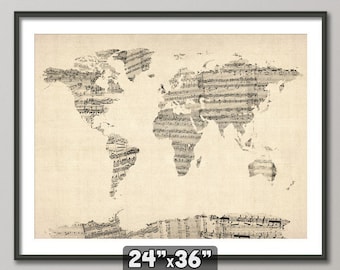 Map of the World Map from Old Sheet Music, Art Print, 24x36 inch (895)