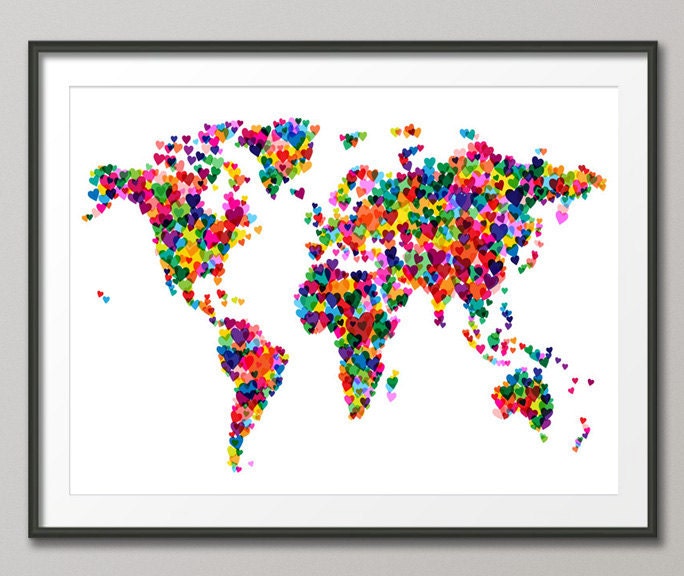 Love Hearts Map of the World Map, Art Print 18x24 inch (776)