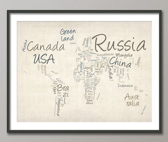 Writing Text Map of the World Map, Art Print 18x24 inch (362)