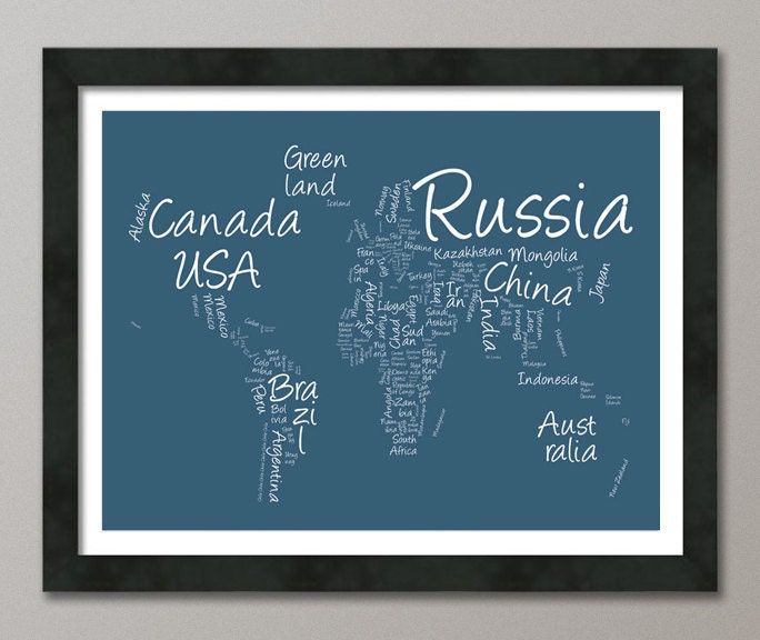 Writing Text Map of the World, Art Print 18x24 inch (377)