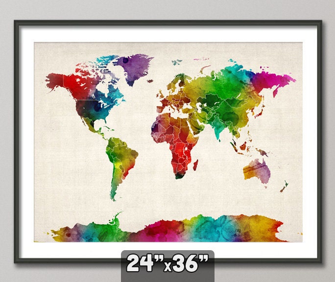 Watercolor Map of the World Map, Art Print, 24x36 inch (687)