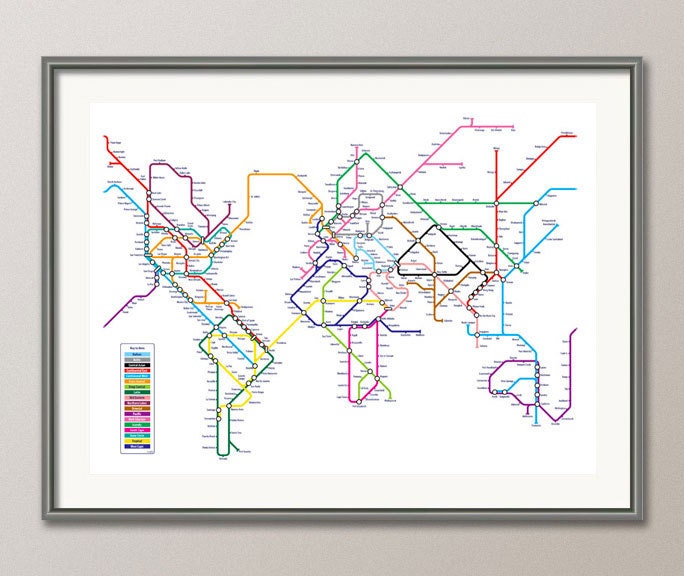 World Map as a Tube Metro System, Art Print, 18x24 inch (596)