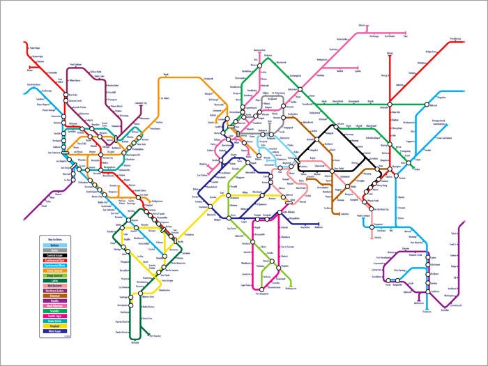 World Map as a Tube Metro System, Art Print, 24x36 inch (596)