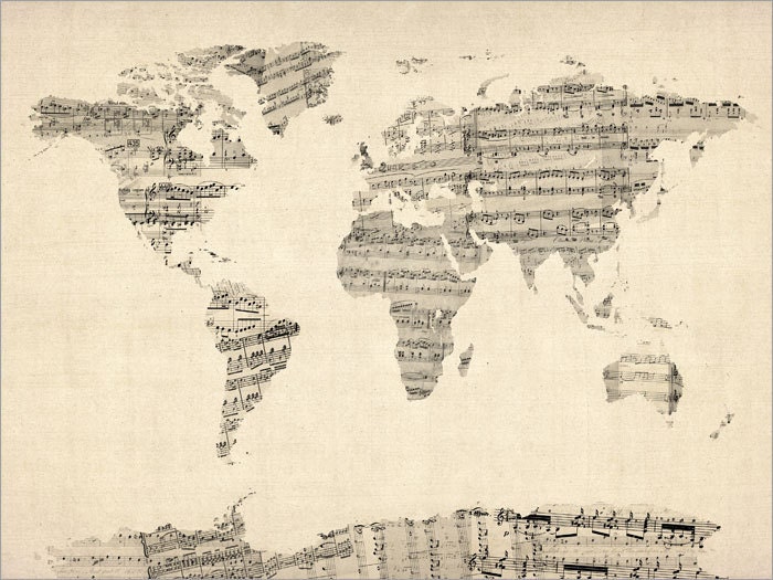 Map of the World Map from Old Sheet Music, Art Print, 18x24 inch (895)