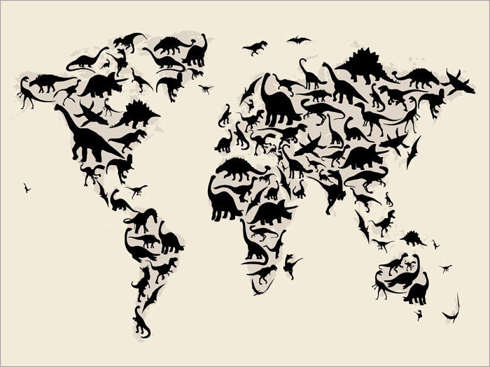 Dinosaur Map of the World Map, Art Print, 18x24 inch (79)