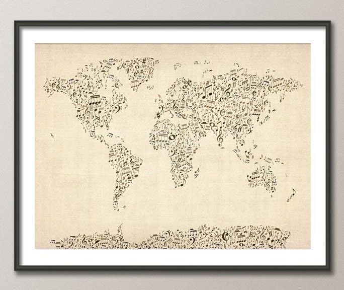 Music Notes Map of the World Map, Art Print, 18x24 inch (82)