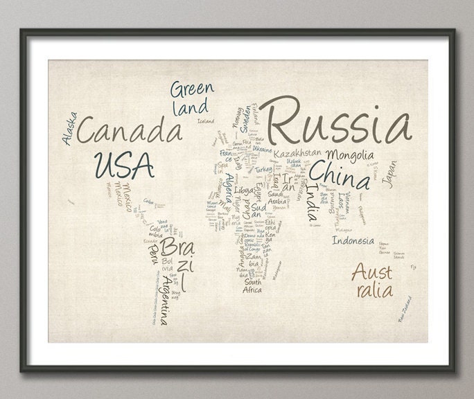 Writing Text Map of the World Map, Art Print 18x24 inch (362)
