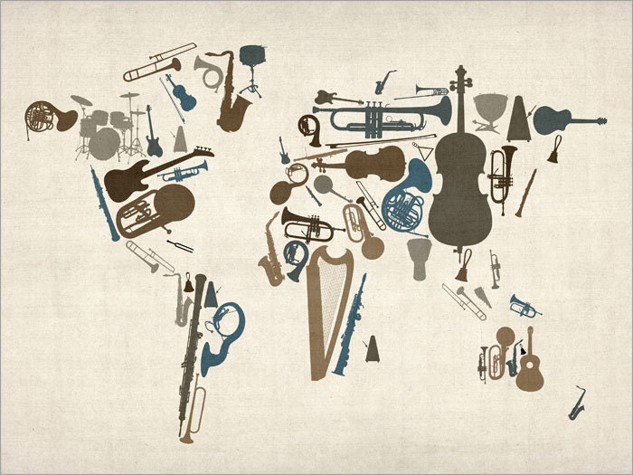 Music Instruments Map of the World Map, Art Print, 18x24 inch (459)