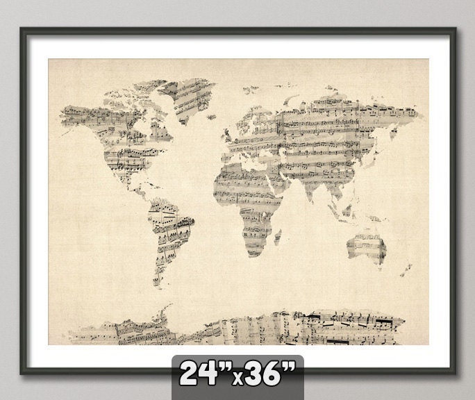 Map of the World Map from Old Sheet Music, Art Print, 24x36 inch (895)