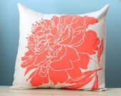 Peony Flower Linen Pillow Cover Decorative Cushion Throw 20x20 Coral Orange Hand-Printed, Printed Screen Print Hostess Gift