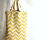 Yellow Chevron oversized market tote: reversible with blue waterproof lattice.