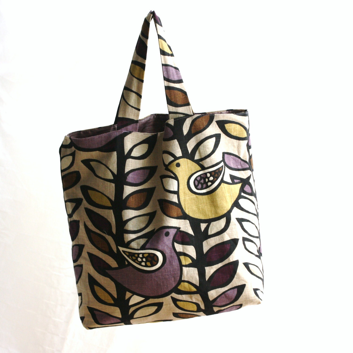 Extra Large purple market tote bag for groceries, books, shopping or gym. Purple retro bird print with silk lining.