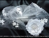 12 inch White Appliquéd Illusion Birdcage Veil with Pearls and Detachable White Satin Flower Fascinator