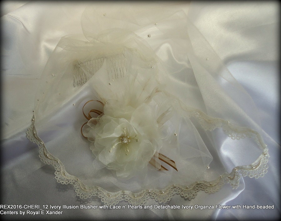 12 inch Ivory Illusion Birdcage Veil with Detachable Organza Flower Fascinator Bridal Set