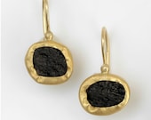 Reserved - 22k Gold Earrings with Black Tektite Stone, Evening Dress  black Gemstone Earrings, 22k Gold  Earrings& Tektite gemstone Earrings