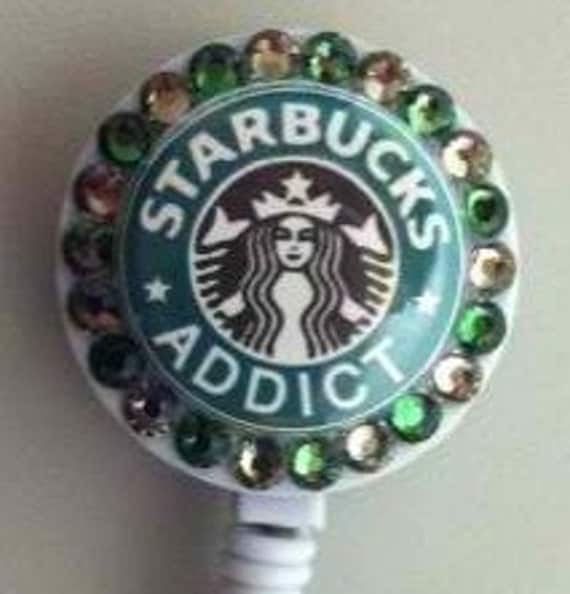 Starbucks Addict ID Badge Retractable Reel Swarovski with Coffee Charm and  Beads