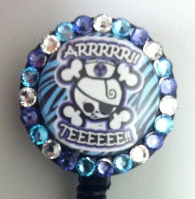 Xray Tech Arrrrrr Teeeee ID Badge Retractable Reel Swarovski with Skeleton Charm and Bling Beads