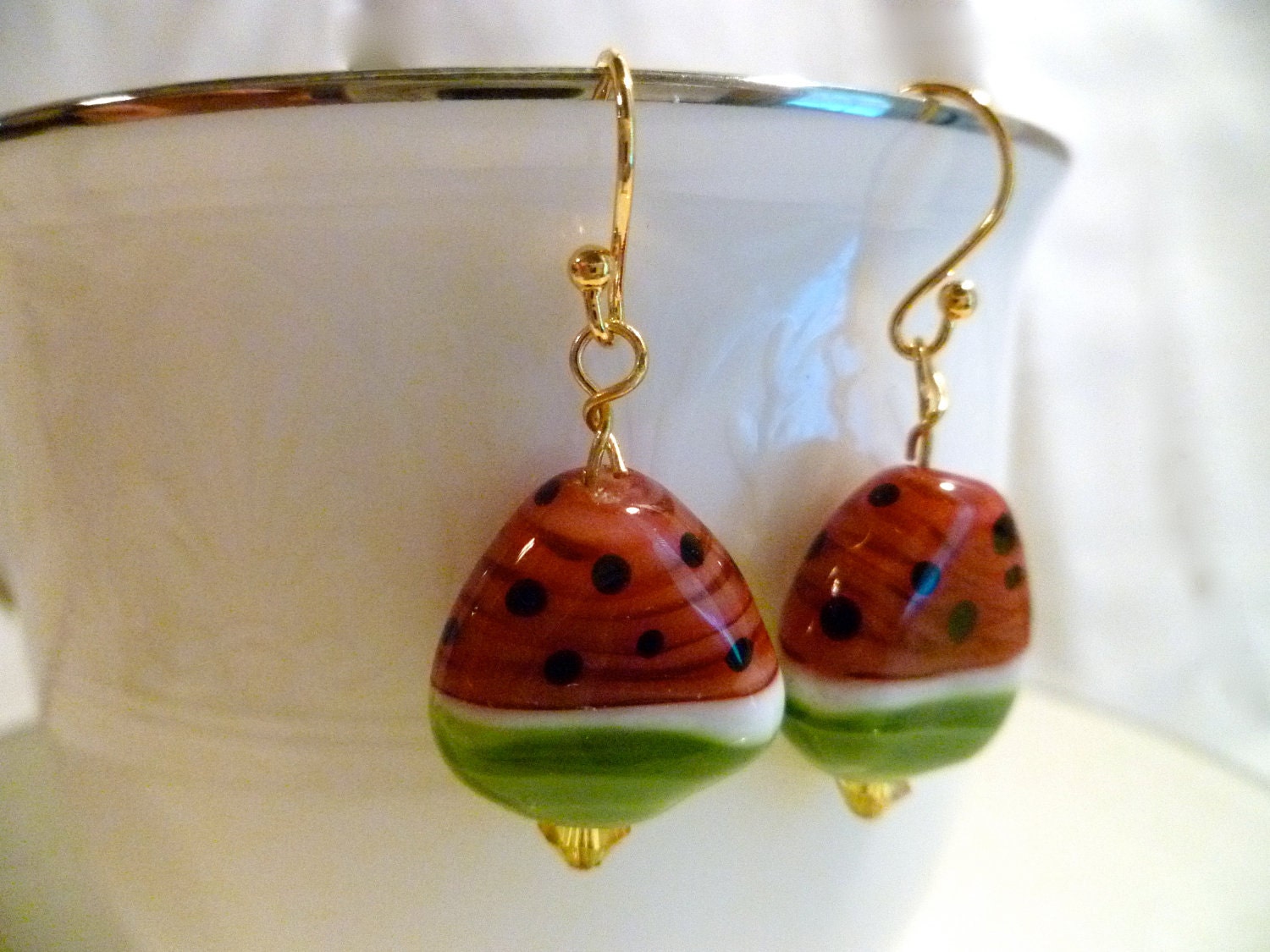 Watermelon Slices Glass Lampwork Earrings - 14 k gold plated ear wire